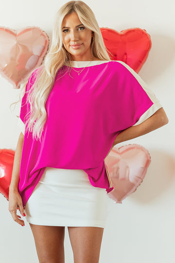 Rose Red Oversized Colour Block Boat Neck Tunic Blouse eAura
