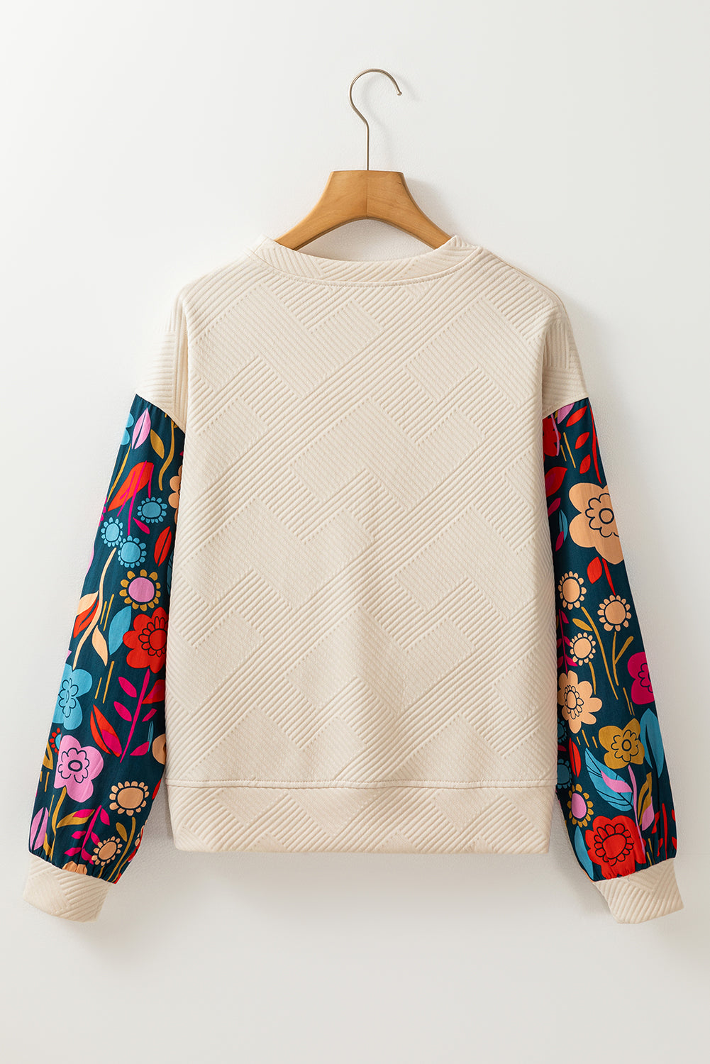 White Contrast Floral Sleeve Textured Drop Shoulder Knit Top eAura