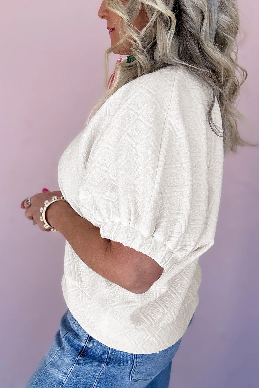 Contrast Striped Collar Patchwork Textured Half Sleeve Blouse eAura