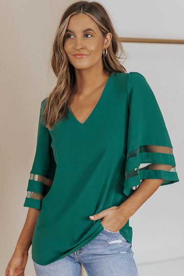 Green Flare Sleeve V Neck Loose Blouse eAura