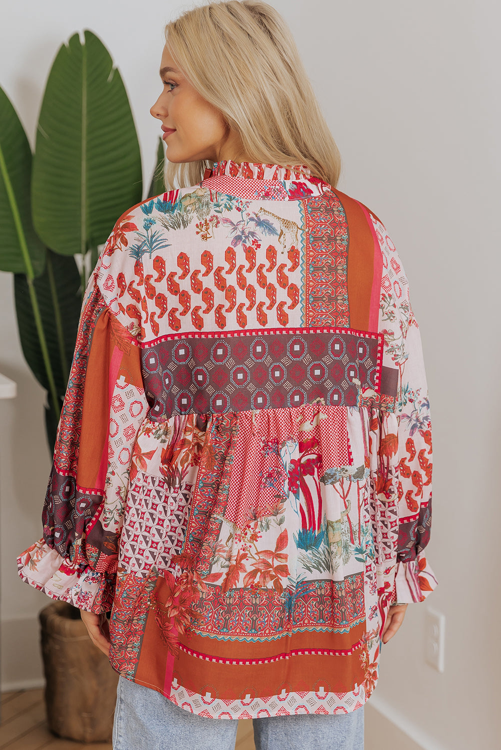 Red Boho Geometric Mixed Print Patchwork Bubble Sleeve Shirt eAura