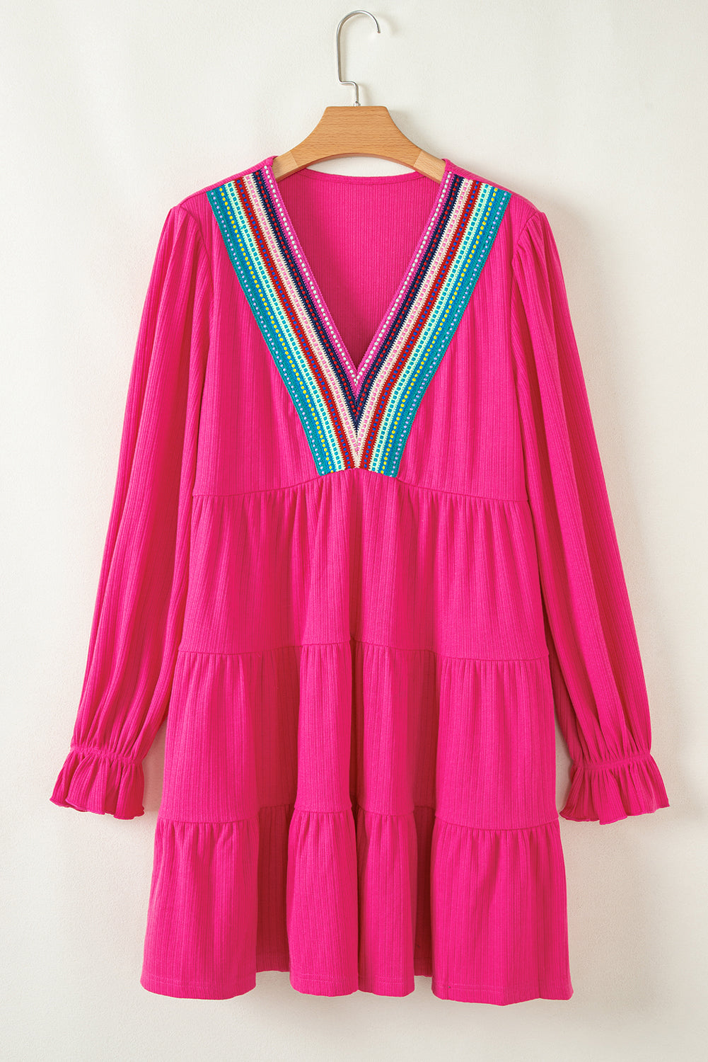 Rose Red Colourful Crochet V Neck Textured Tiered Ruffled Long Sleeve Mini Dress eAura