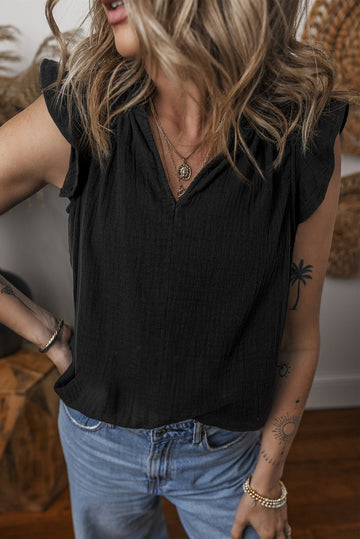 Black Ruffled Shoulder V Neck Shift Tank Top eAura