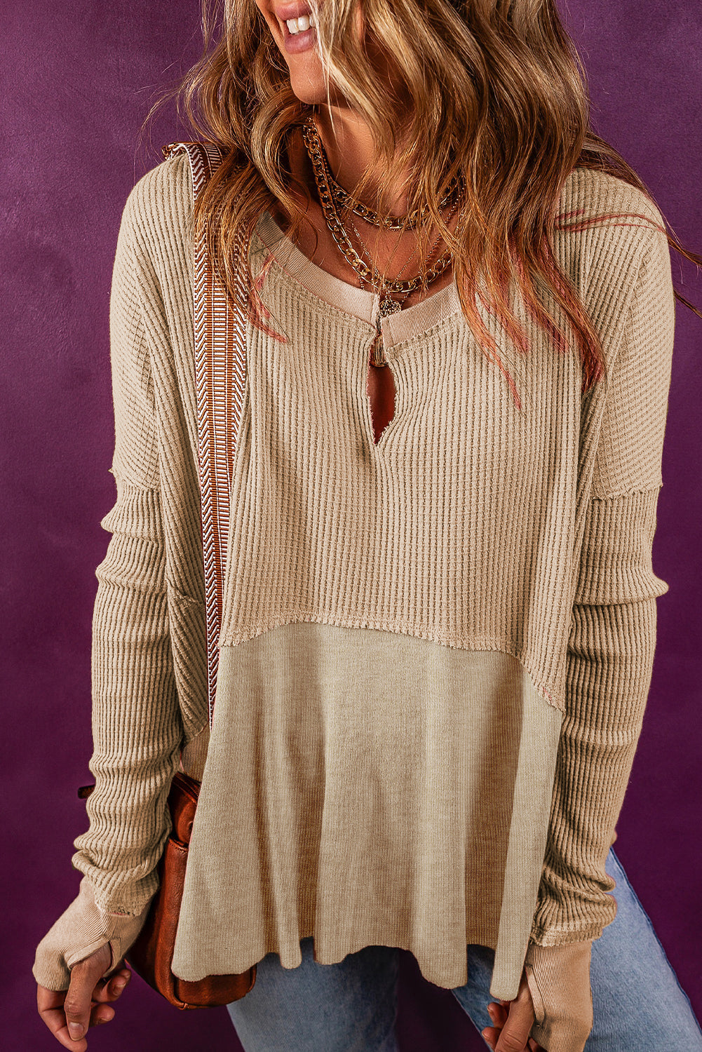 Light French Beige Exposed Seam Slit Neck Waffle Knit Patchwork Top eAura