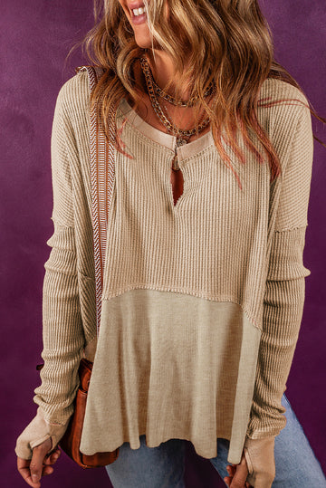 Light French Beige Exposed Seam Slit Neck Waffle Knit Patchwork Top eAura