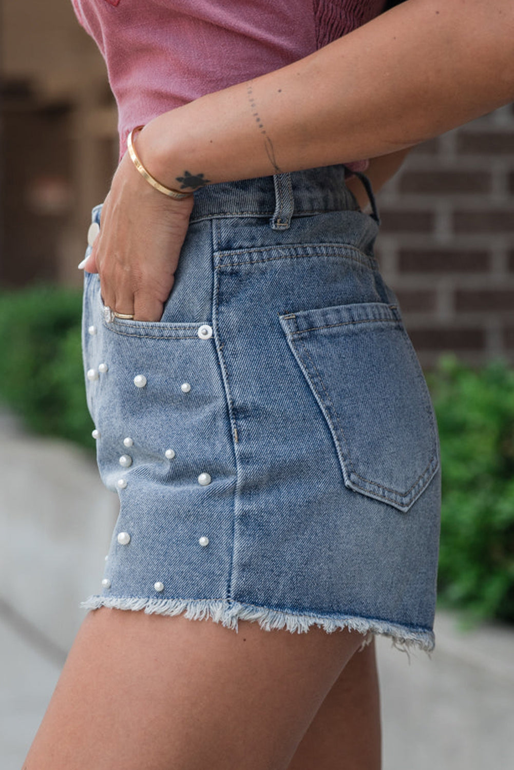 Dusk Blue Pearl Beaded Raw Hem Medium Wash Denim Shorts eAura