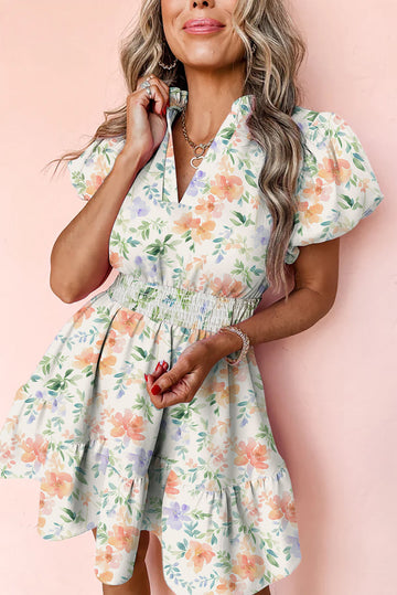 Beige Floral Print Shirred High Waist Puff Sleeve Mini Dress eAura