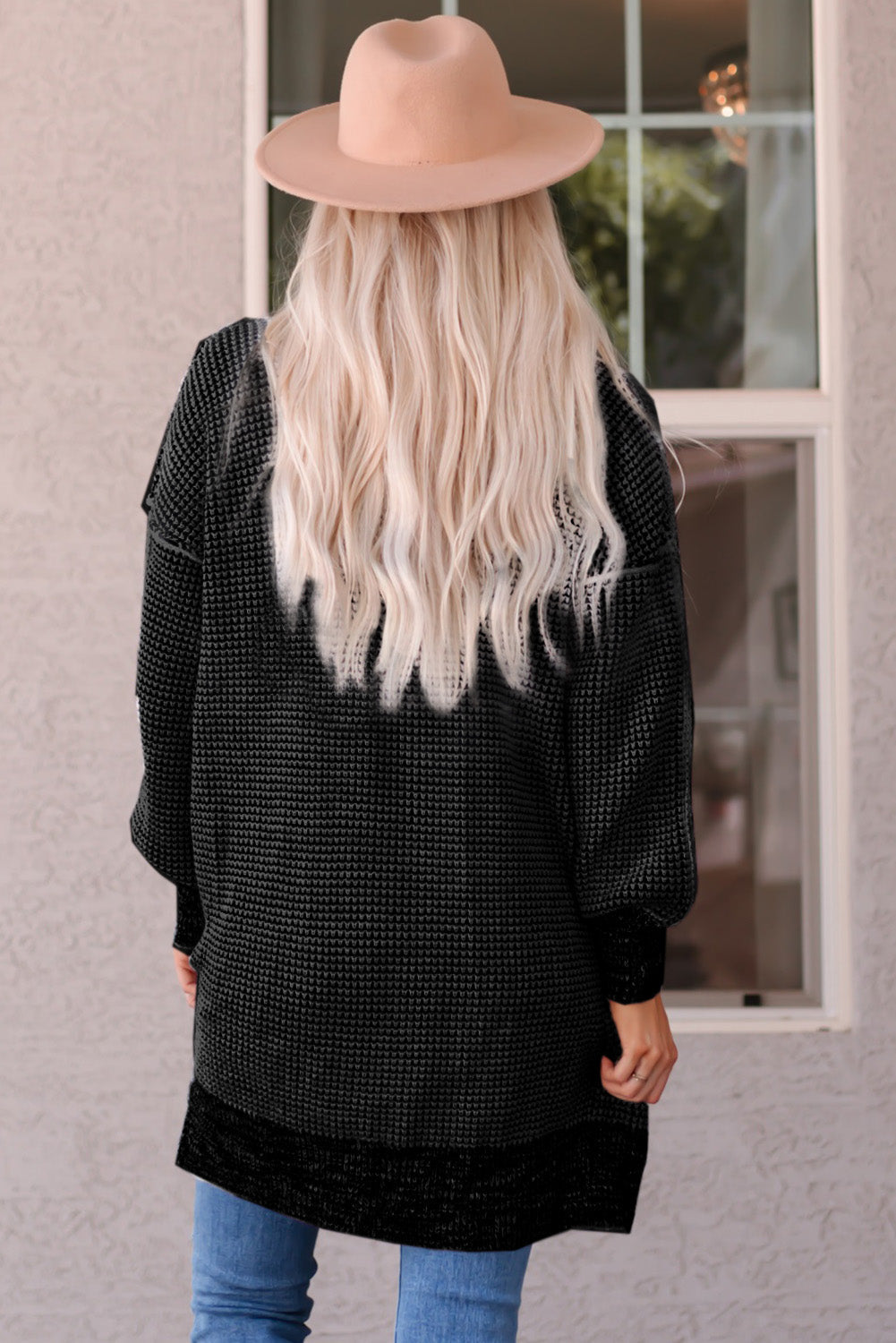 Apricot Plaid Knitted Long Open Front Cardigan eAura