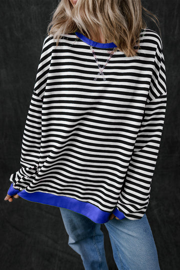Black Stripe Oversized Contrast Trim Pullover Sweatshirt eAura