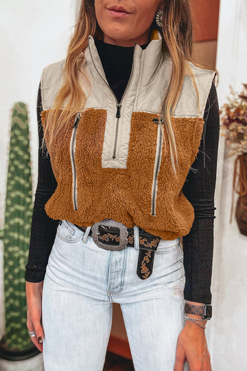 Plush Patchwork Zip Stand Neck Vest - eAura
