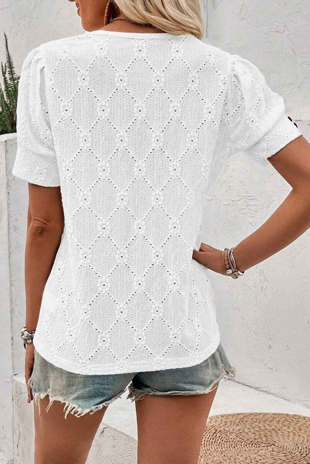 White Flower Geometric Textured Button Short Sleeve Top eAura
