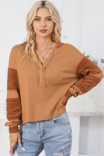 Contrast Patched Exposed Seam Waffle Knit Henley Top eAura
