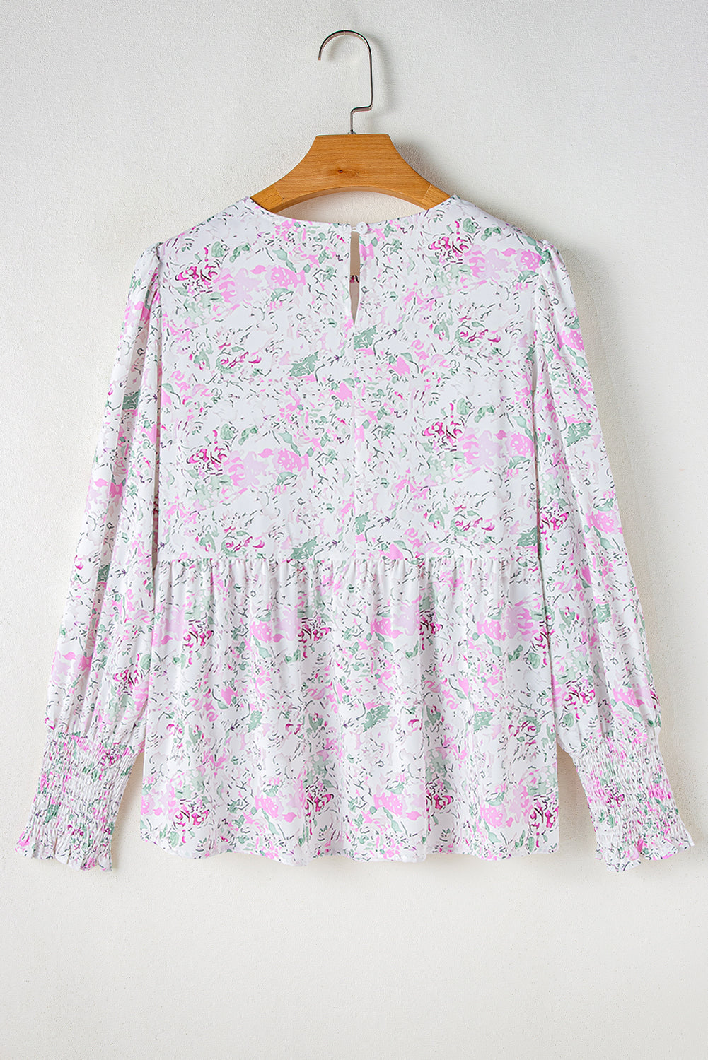 Pink Floral Print Shirred Balloon Sleeve Keyhole Back Babydoll Blouse eAura