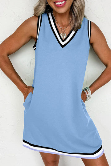 Contrast Trim V-Neck Shift Sleeveless Mini Dress eAura