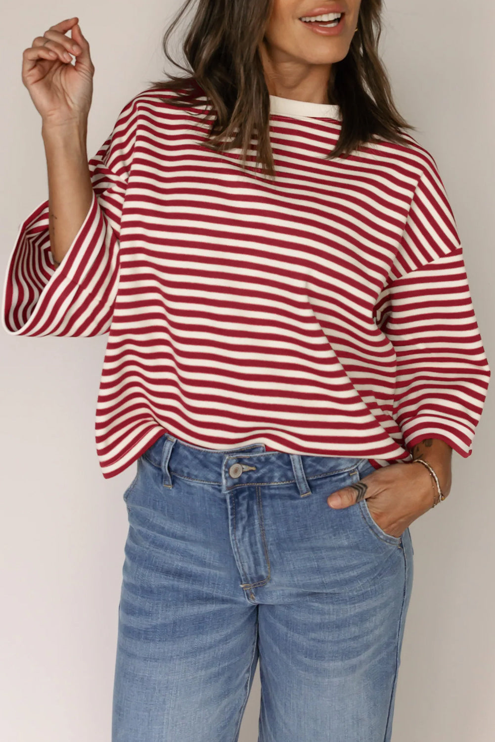 Black Stripe Bowknot Cutout Back Drop Shoulder Wide Bracelet Sleeve Loose Tee eAura
