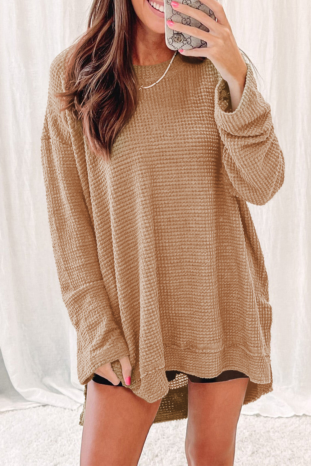 Khaki Waffle Knit High Slits Oversized Top eAura
