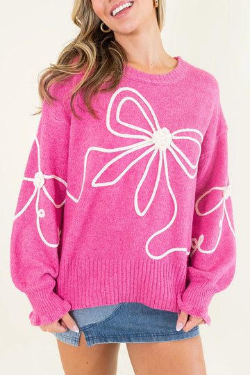 Bright Pink Ribbed Flower Bow Ribbed Trim Casual Sweater eAura
