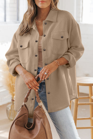 Khaki Solid Textured Flap Pocket Buttoned Shacket Beagle Boutique Fashion Outlet