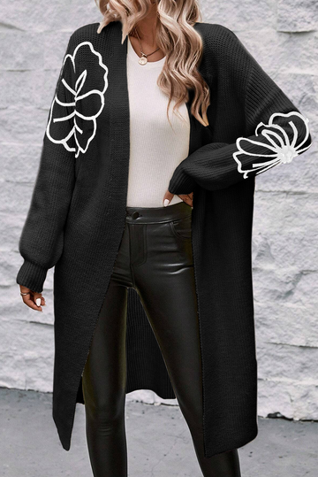 Black Flower Embroidered Drop Shoulder Open Front Duster Cardigan eAura