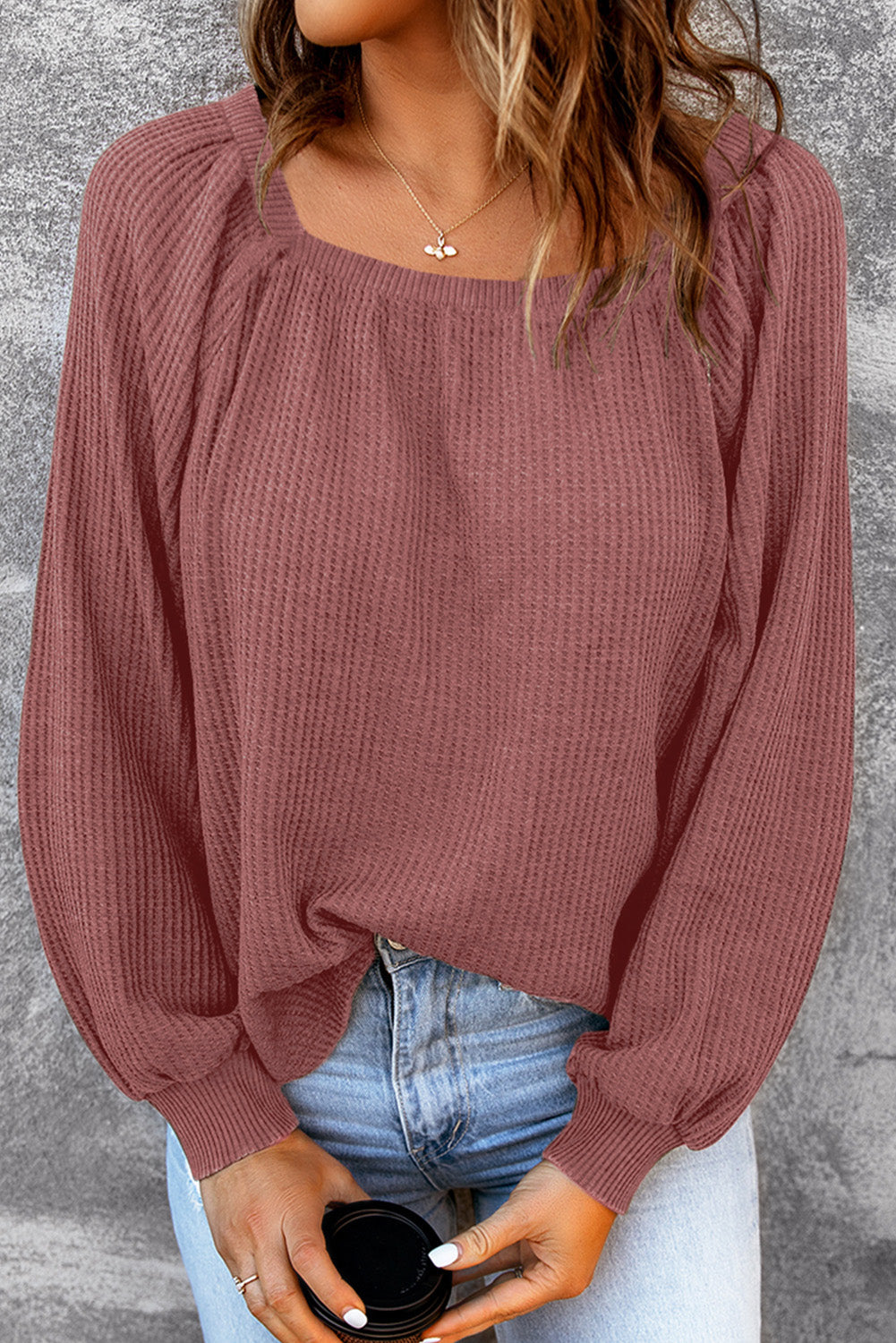 Black Scoop Neck Puff Sleeve Waffle Knit Top eAura