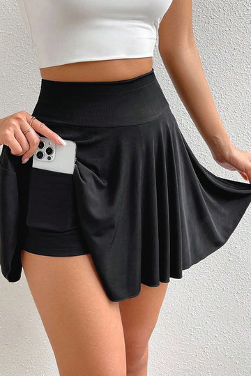 Black A-line Draped High Waist Phone Pocket Lined Skort eAura