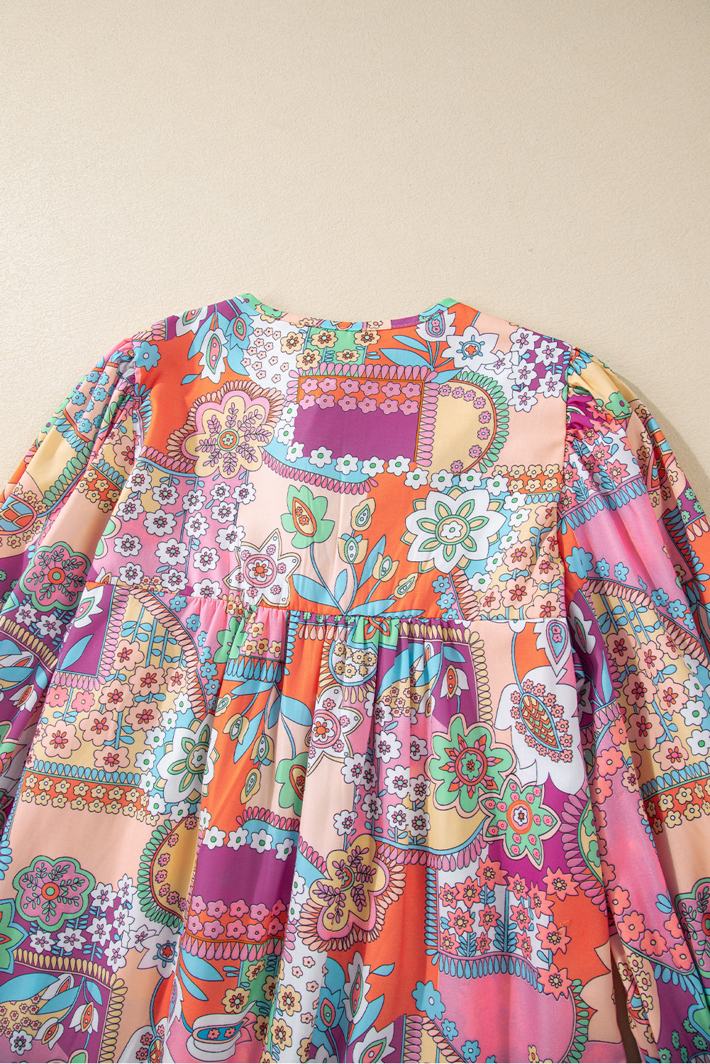 Multicolour Boho Floral Bubble Sleeve Tassel Tied Neck Pleated Blouse eAura