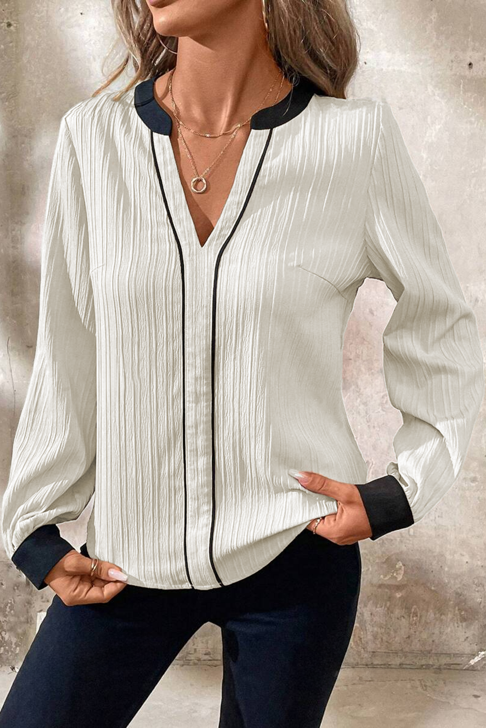 White Textured Colourblock V Neck Elegant Blouse eAura
