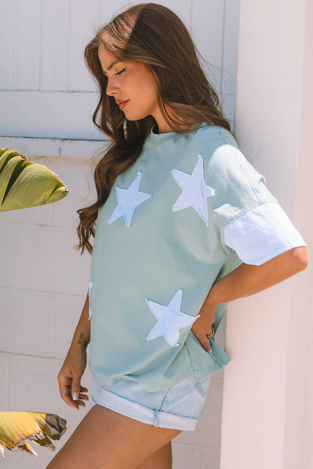 Green Frayed Star Patched Oversize T Shirt eAura