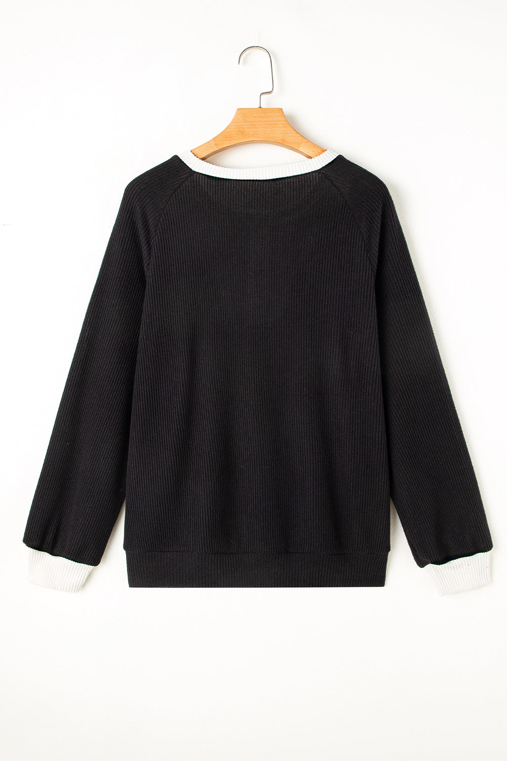 Black Colour Contrast Ribbed Loose Fit Long Sleeve Top eAura