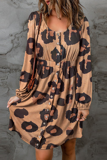 Leopard Print Button Front Bubble Sleeve Loose Knit Dress eAura