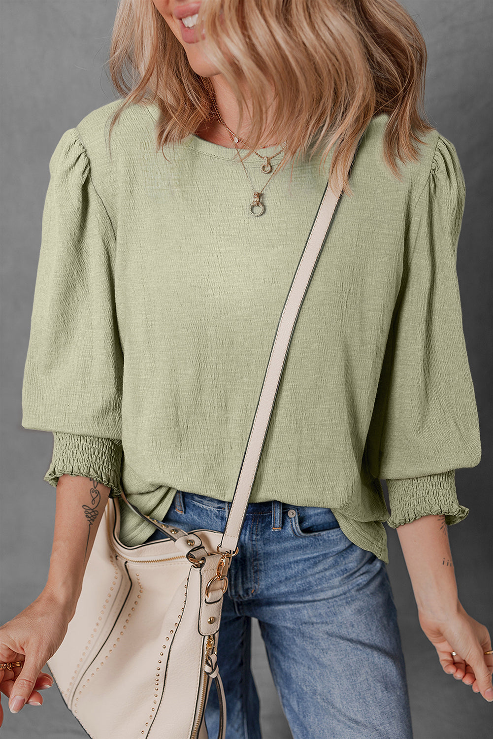 Laurel Green Textured Round Neck Half Sleeve Blouse eAura