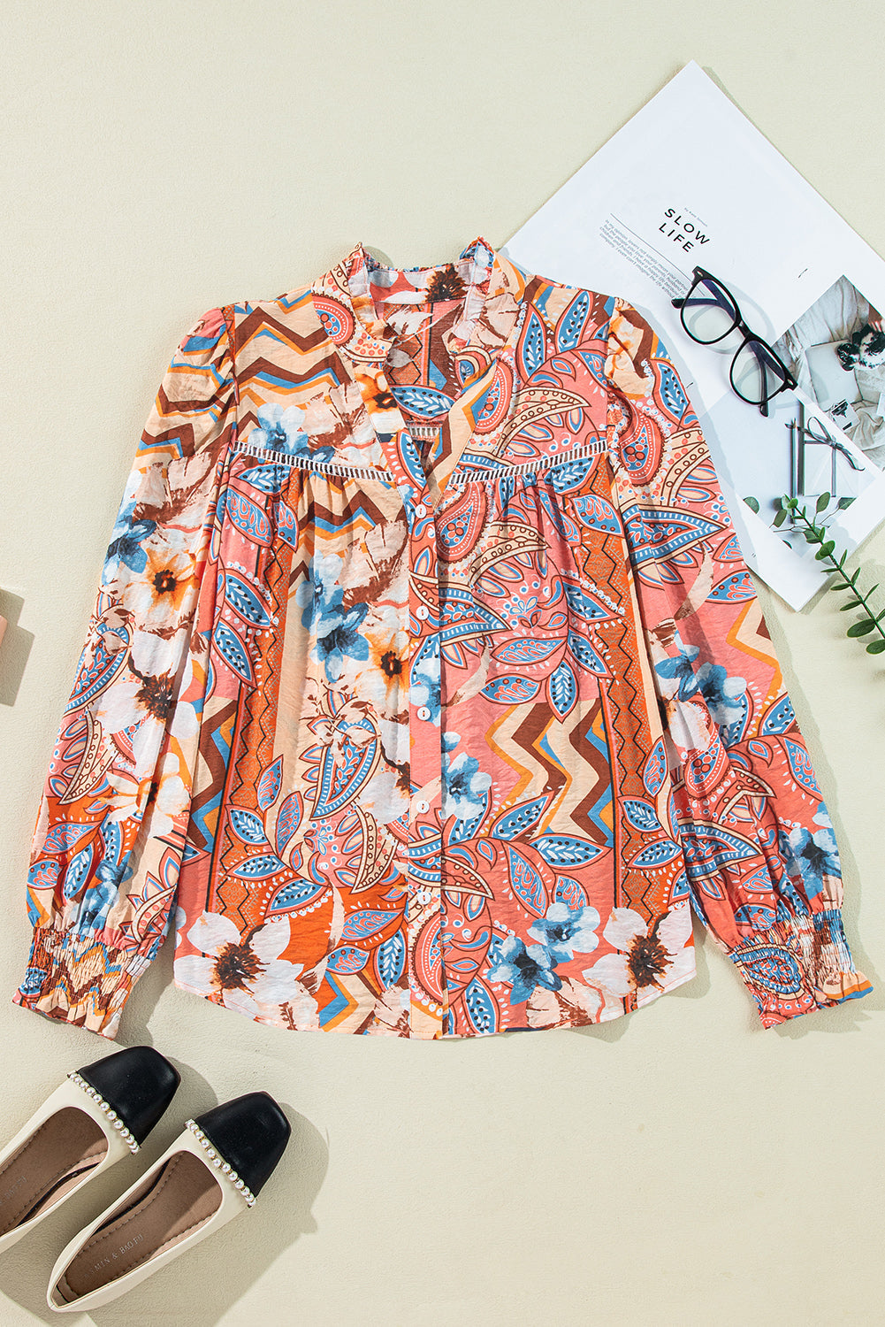 Orange Floral Print Shirred Cuff Buttoned Loose Shirt eAura
