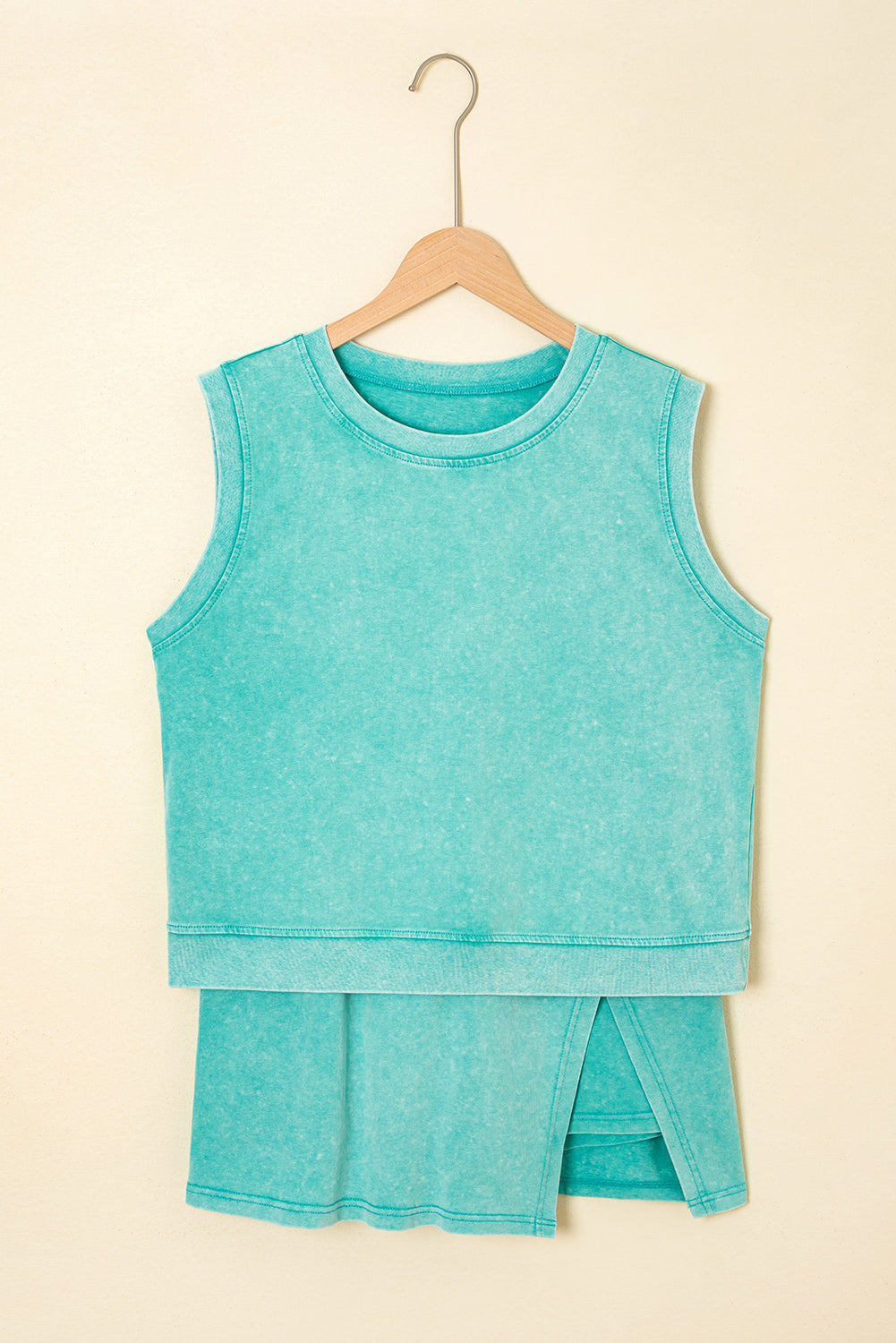 Mint Green 2 Pieces Mineral Wash Cotton Tank Top Lined Split Skirt Set eAura