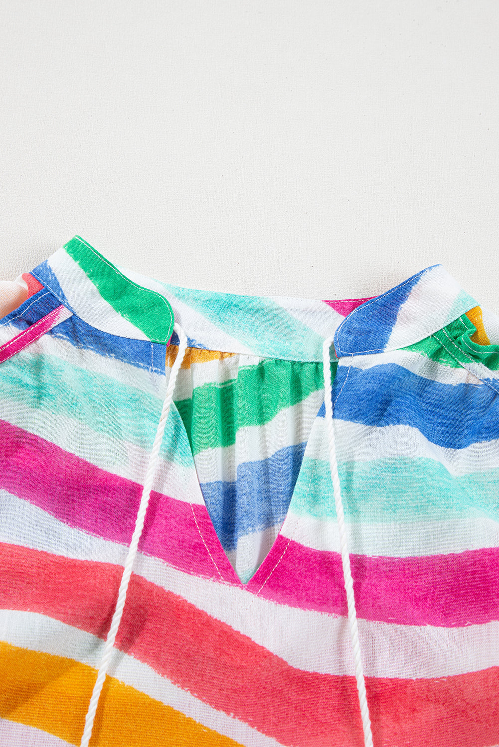 Rainbow Striped Ruffled Hem Drawstring V Neck Sleeveless Top eAura
