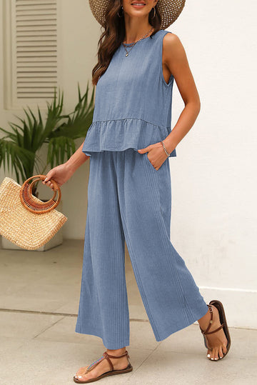 Beau Blue Ribbed Ruffle Tank Top and Trousers Set eAura