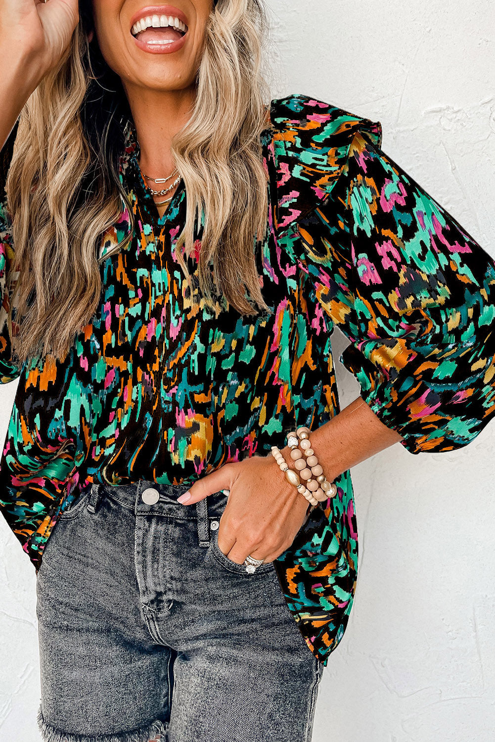 MultiColour Abstract Print 3/4 Puff Sleeve Ruffle Blouse eAura