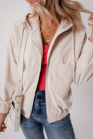 White Corduroy Drawstring Hooded Pocket Zip Up Jacket eAura