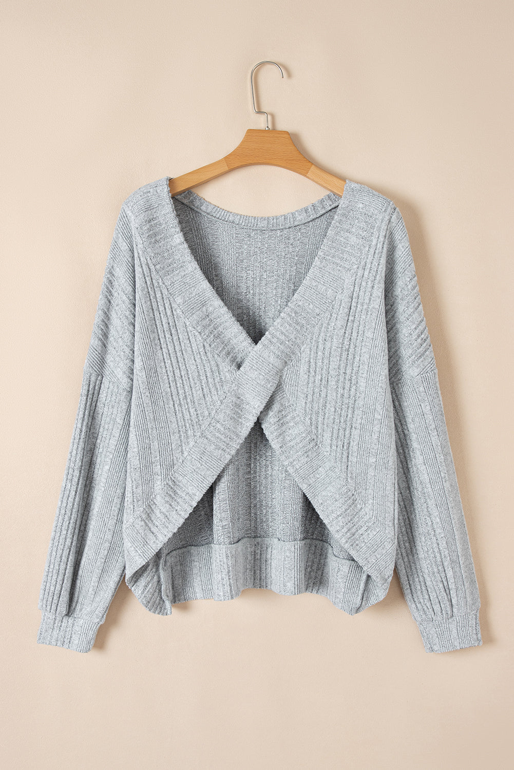 Light Grey Textured Crossover Backless Knit Long Sleeve Top eAura