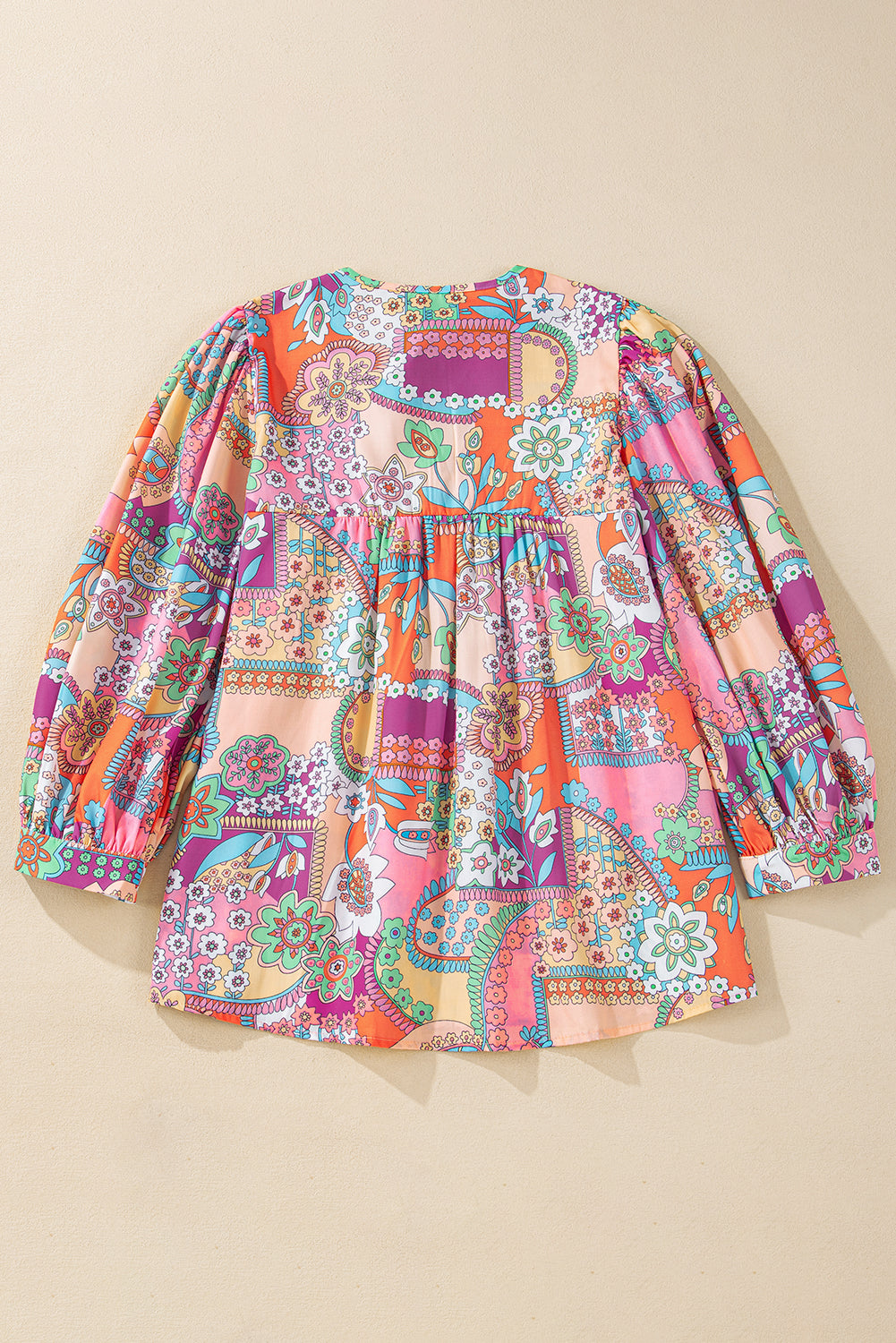 Multicolour Boho Floral Bubble Sleeve Tassel Tied Neck Pleated Blouse eAura