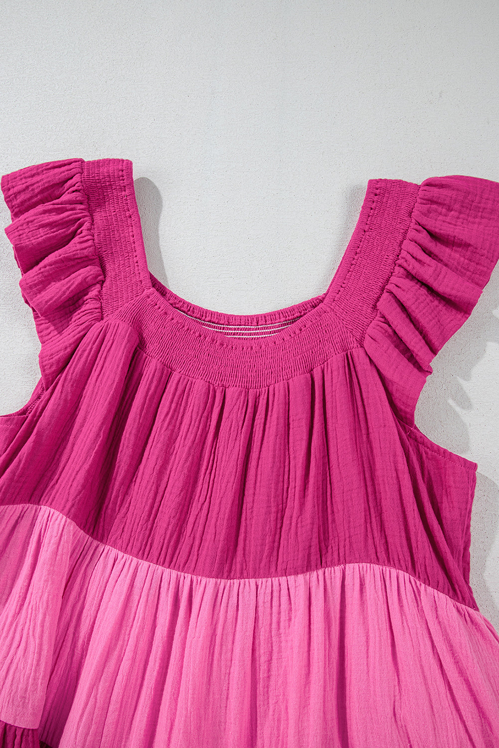 Pink Crinkled Colourblock Patchwork Flutter Tiered Mini Dress eAura
