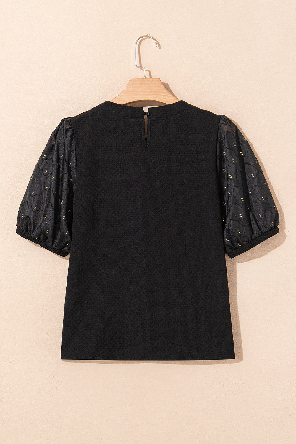 Black Feather Bubble Sleeve Patchwork Textured Blouse eAura