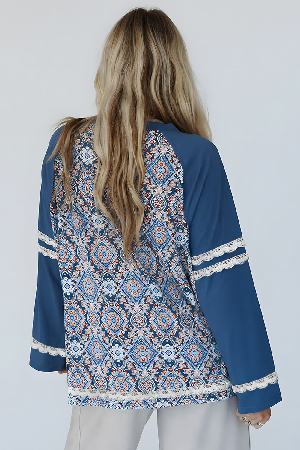 Blue Geometric Printed Lace Patchwork Ric Rac Raglan Long Sleeve Top eAura