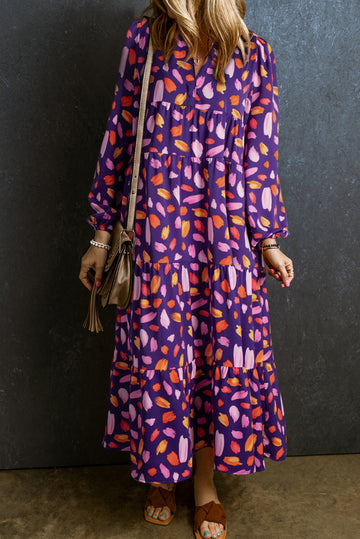 Blue Petal Collared Tiered Flowy Long Dress BB Fashion Outlet