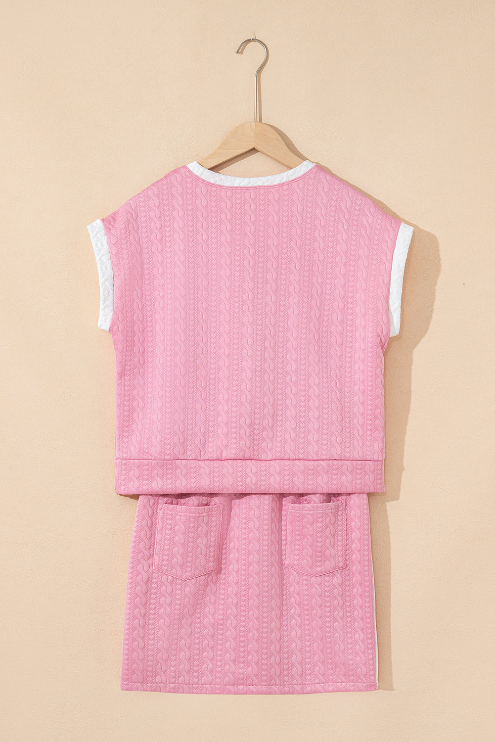 Pink Contrast Trim Textured Crewneck Tee and Pocketed Skirt Co-ord Set eAura