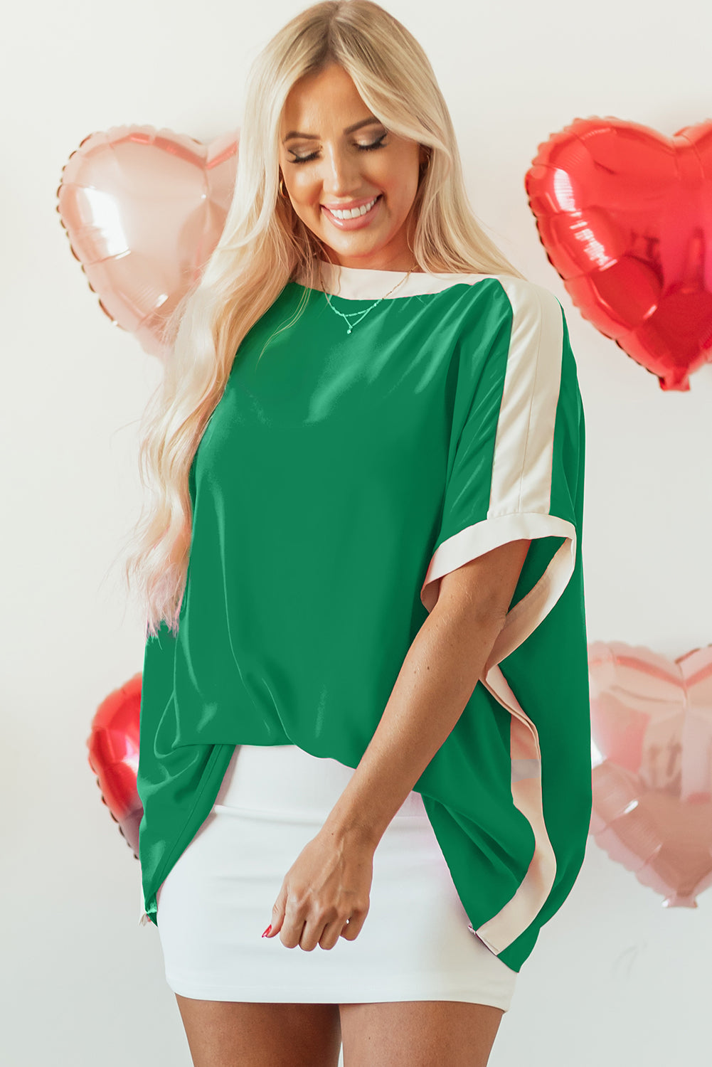 Rose Red Oversized Colour Block Boat Neck Tunic Blouse eAura