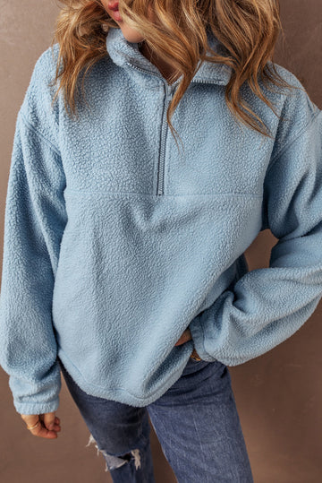 Myosotis Collared Zipper Drop Shoulder Fleece Sweatshirt eAura