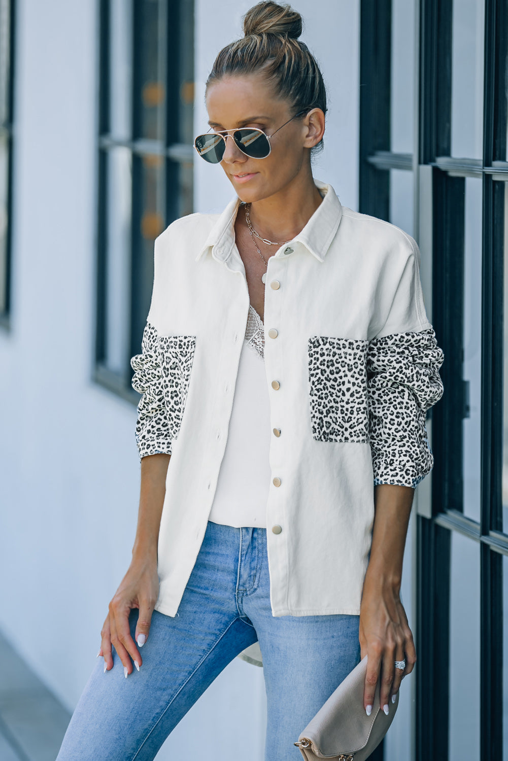 White Contrast Leopard Denim Jacket eAura