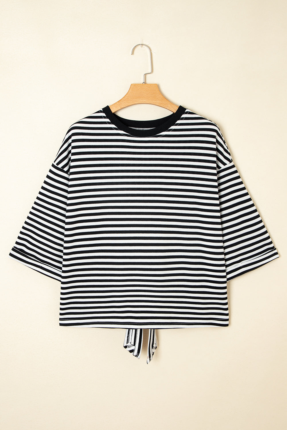 Black Stripe Bowknot Cutout Back Drop Shoulder Wide Bracelet Sleeve Loose Tee eAura