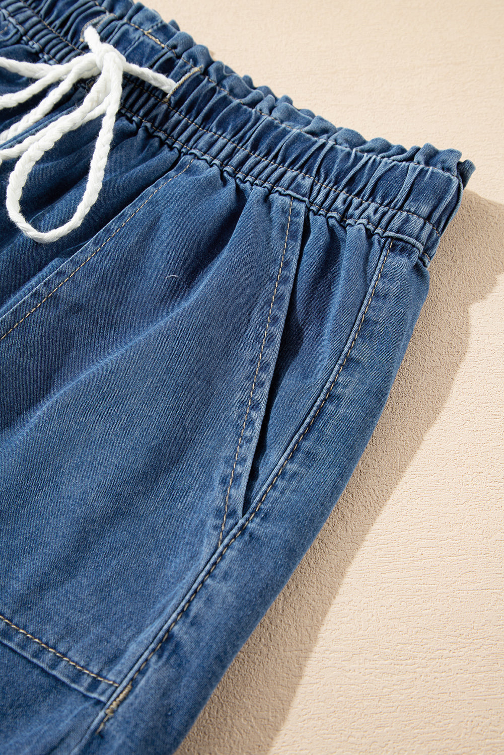 Ashleigh Blue Raw Hem Drawstring High Waist Denim Shorts with Pockets eAura