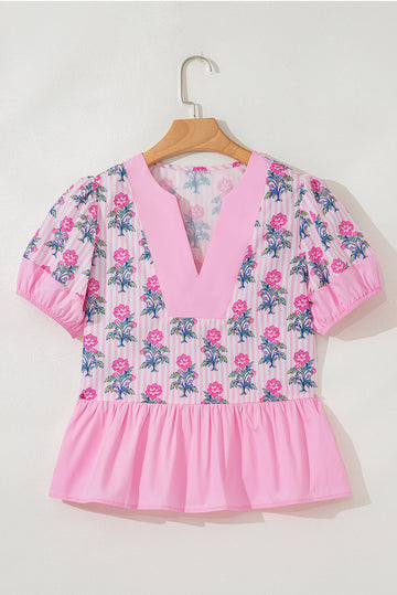 Rose Floral Striped Print Contrast Patchwork Ruffle Hem Blouse eAura